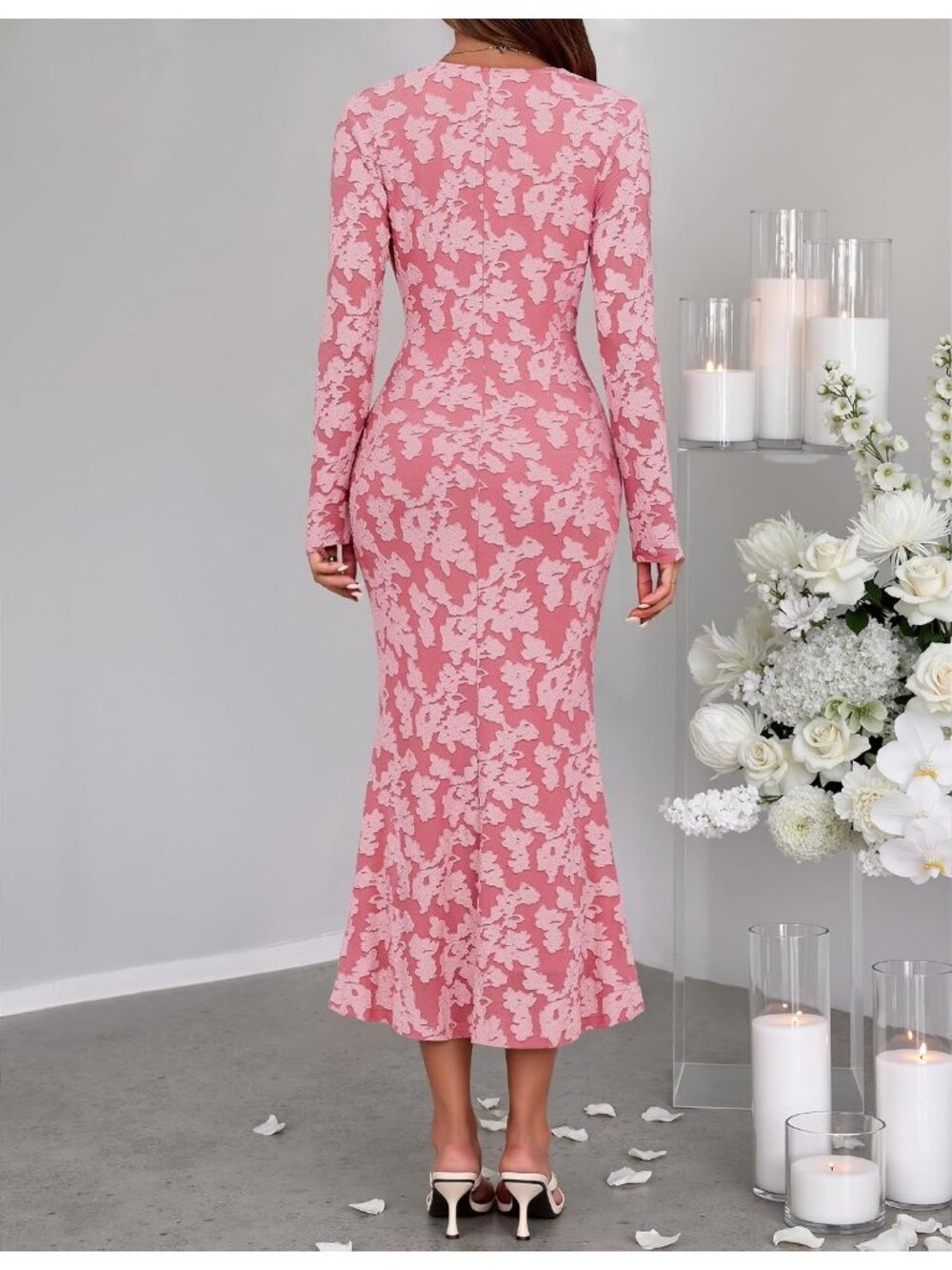 〽️Pink Floral Maxi Dress Long Sleeve Wrap V Neck Ruched Waist Ruffle Hem - Picture 4 of 6